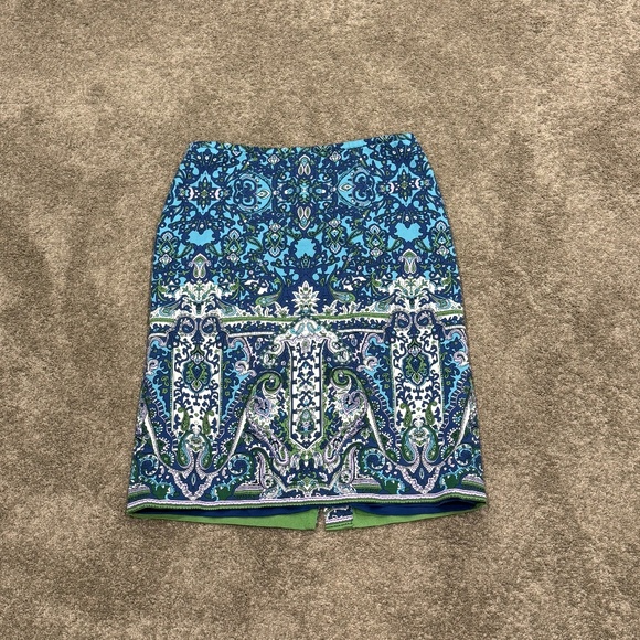 Talbots Paisley Pencil Skirt Blue Green White Size 4 Lined Career Summer Preppy - Picture 3 of 4